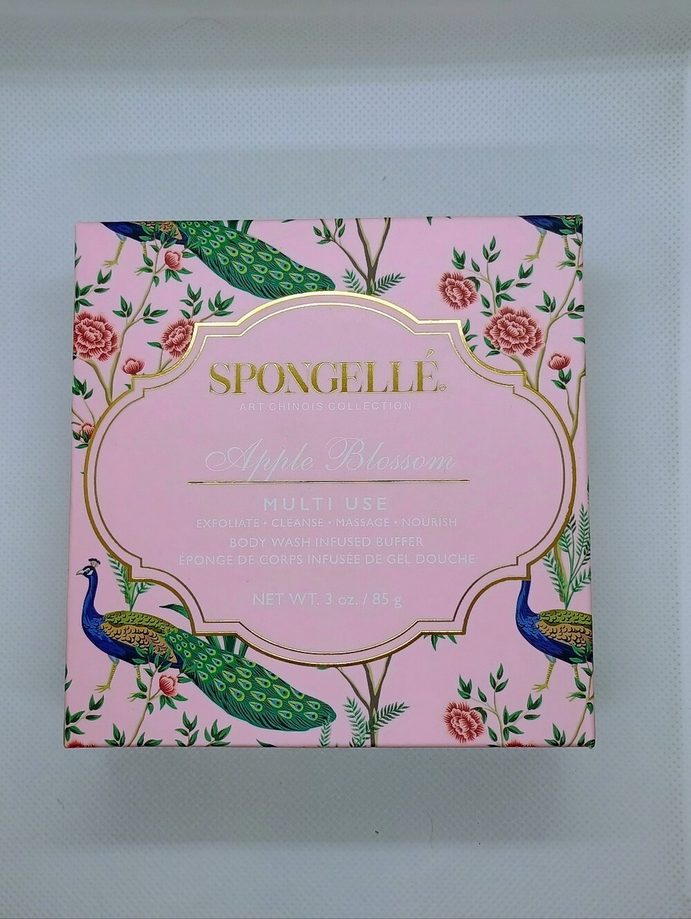 Spongellé Apple Blossom Pink Floral Box with Blue & Green Peacock Accents